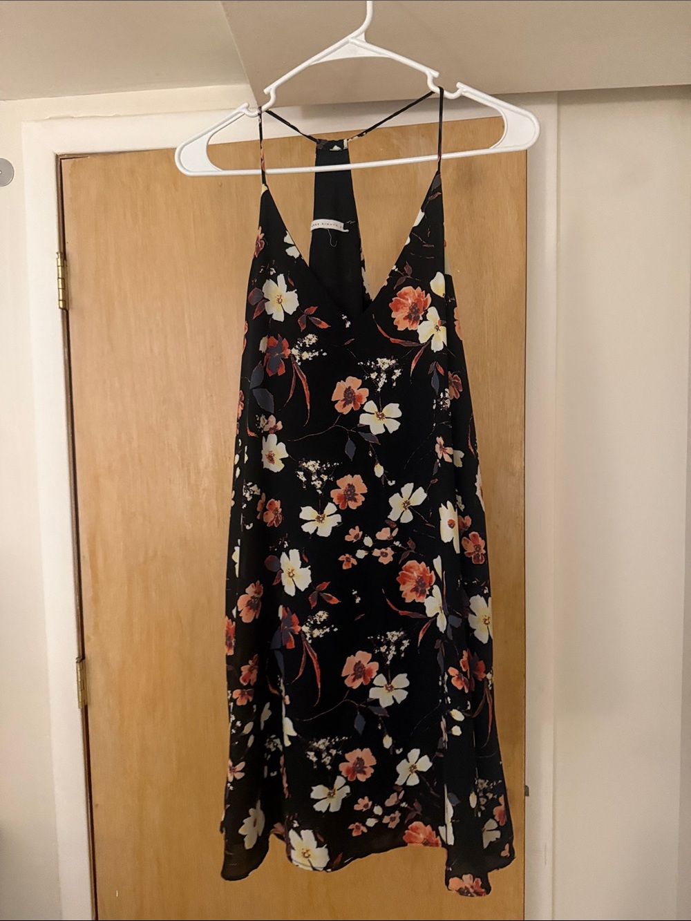 Black Floral V-Neck Midi Dress with Spaghetti Straps